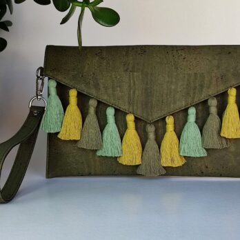 Forest green cork envelope bag with tassels