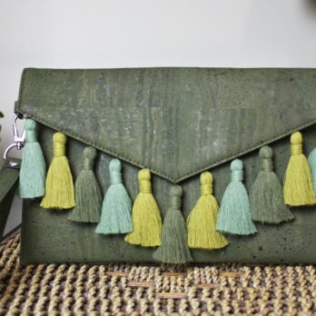 Forest green cork envelope bag with tassels