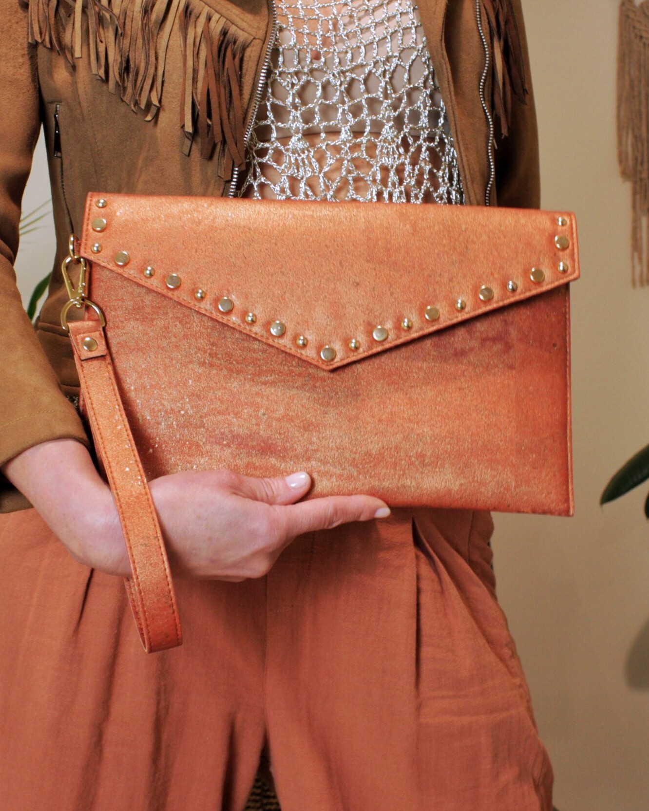 Burnt orange cork envelope bag