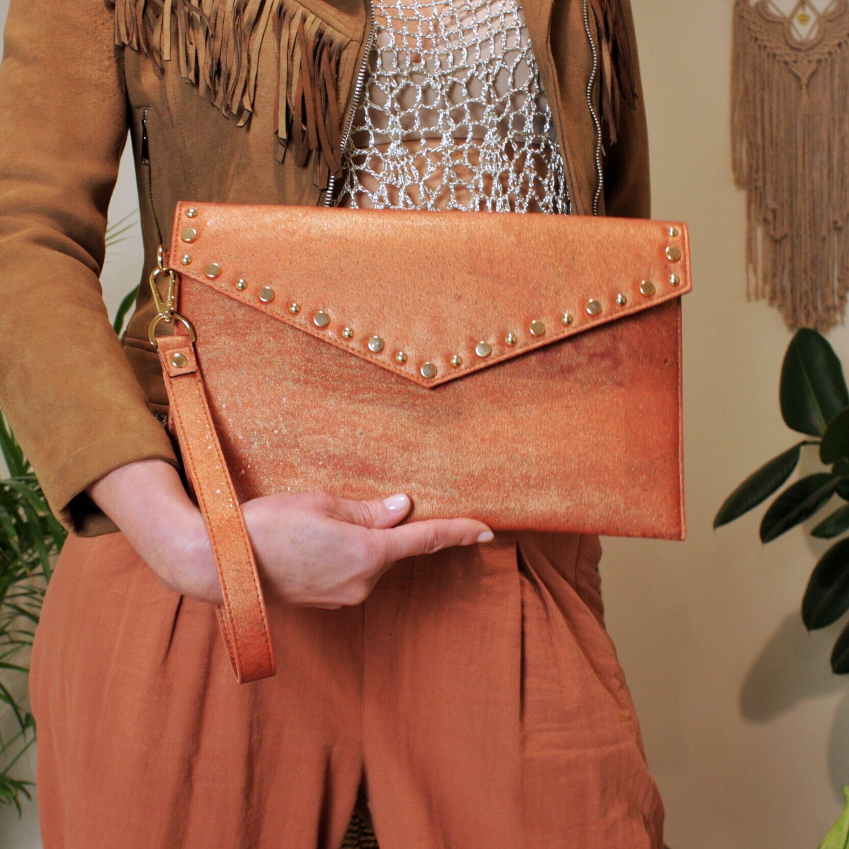 Burnt orange cork envelope bag