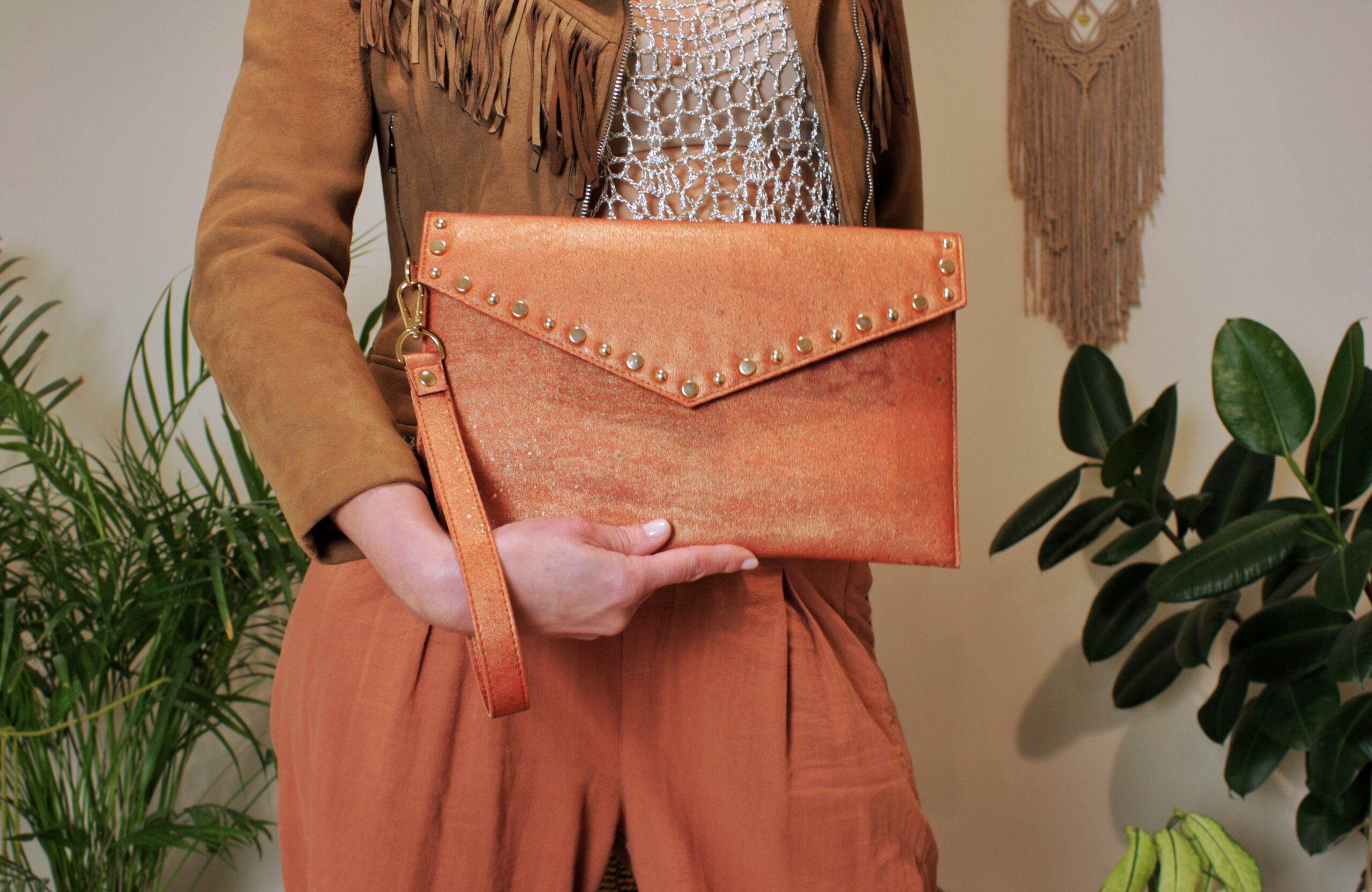 Burnt orange cork envelope bag